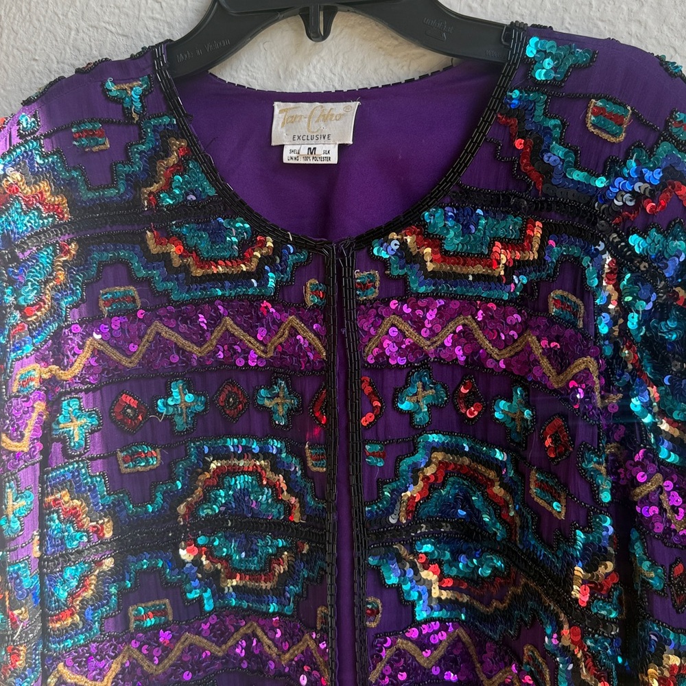 Vintage Tan Chho Exclusive Blue, Purple, Turquoise Sequin & Beaded Silk Blazer